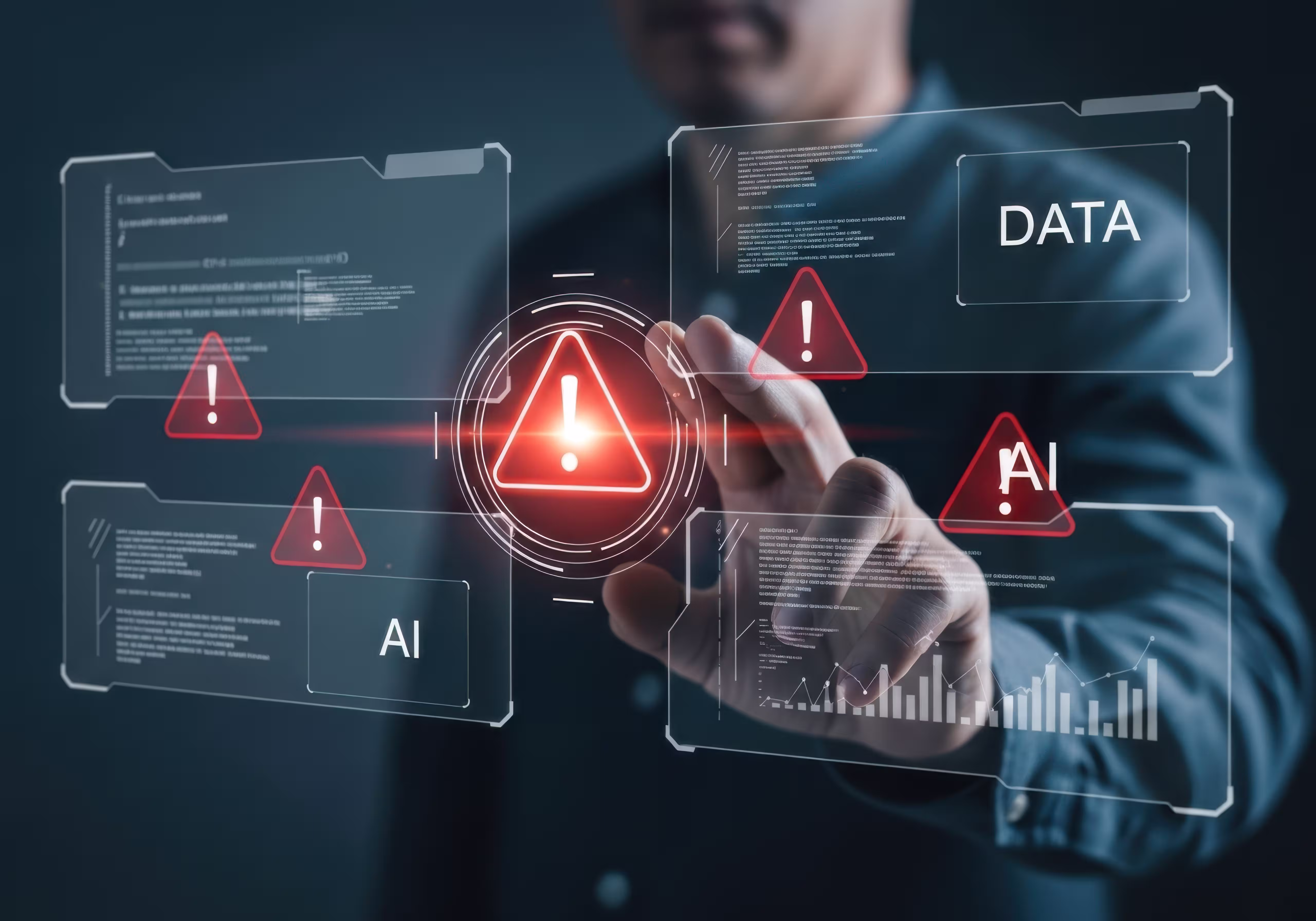Hand touching a digital board with data alerts intrusions