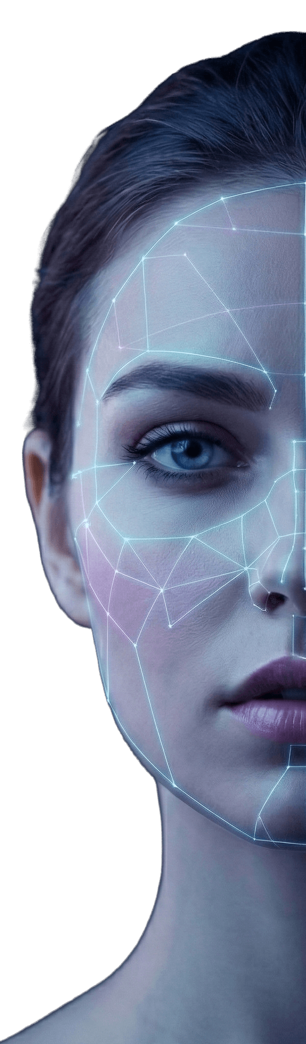Rostro de una chica con una red de nodos y lineas conectadas que simbolizan el escaneo facial y biometrico